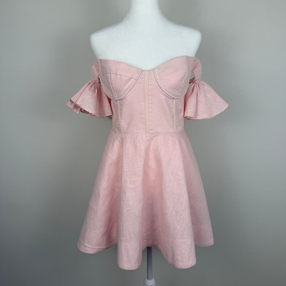 Bardot Pink Linen Corset‎ Mini Dress Women XL US 10 Ruffle Off Shoulder Coquette - Picture 2 of 9